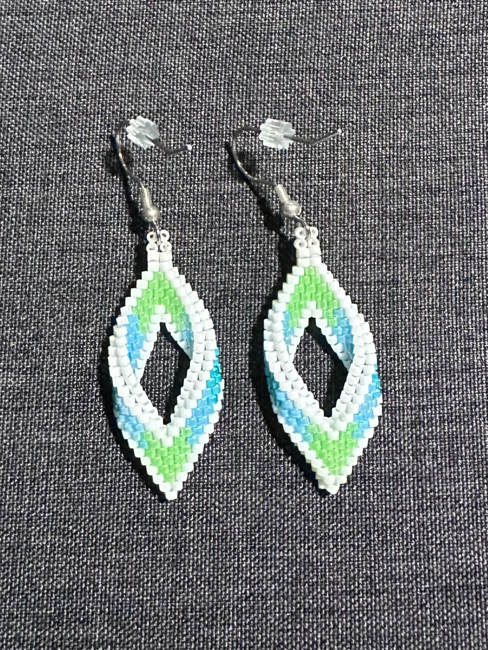 Handmade White, Blue & Green Beaded Teardrop Earrings
